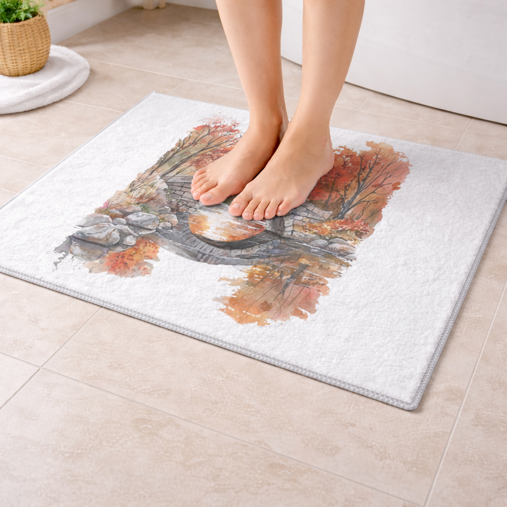 Sonbahar Taş Kemer Köprü ve Nehir Banyo Halısı