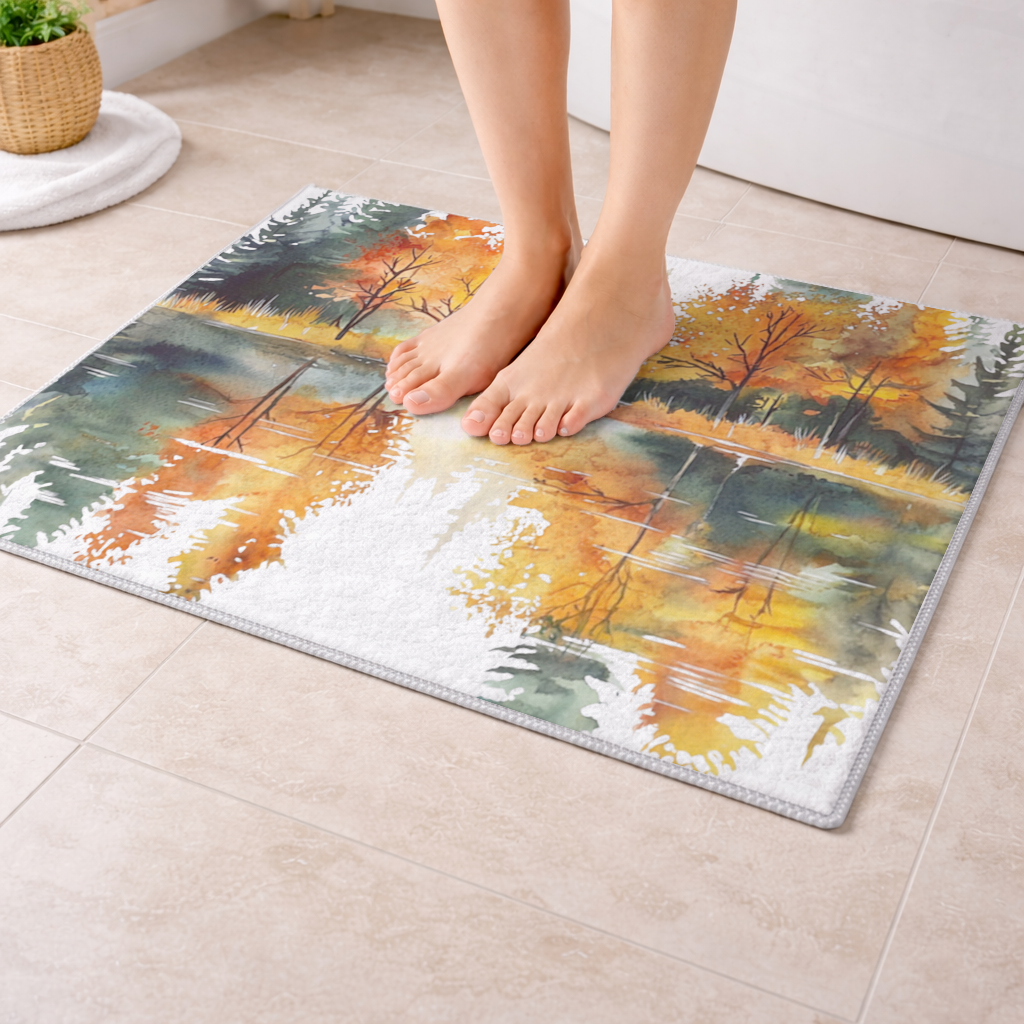 Autumn Forest Lake Reflection Bath Mat