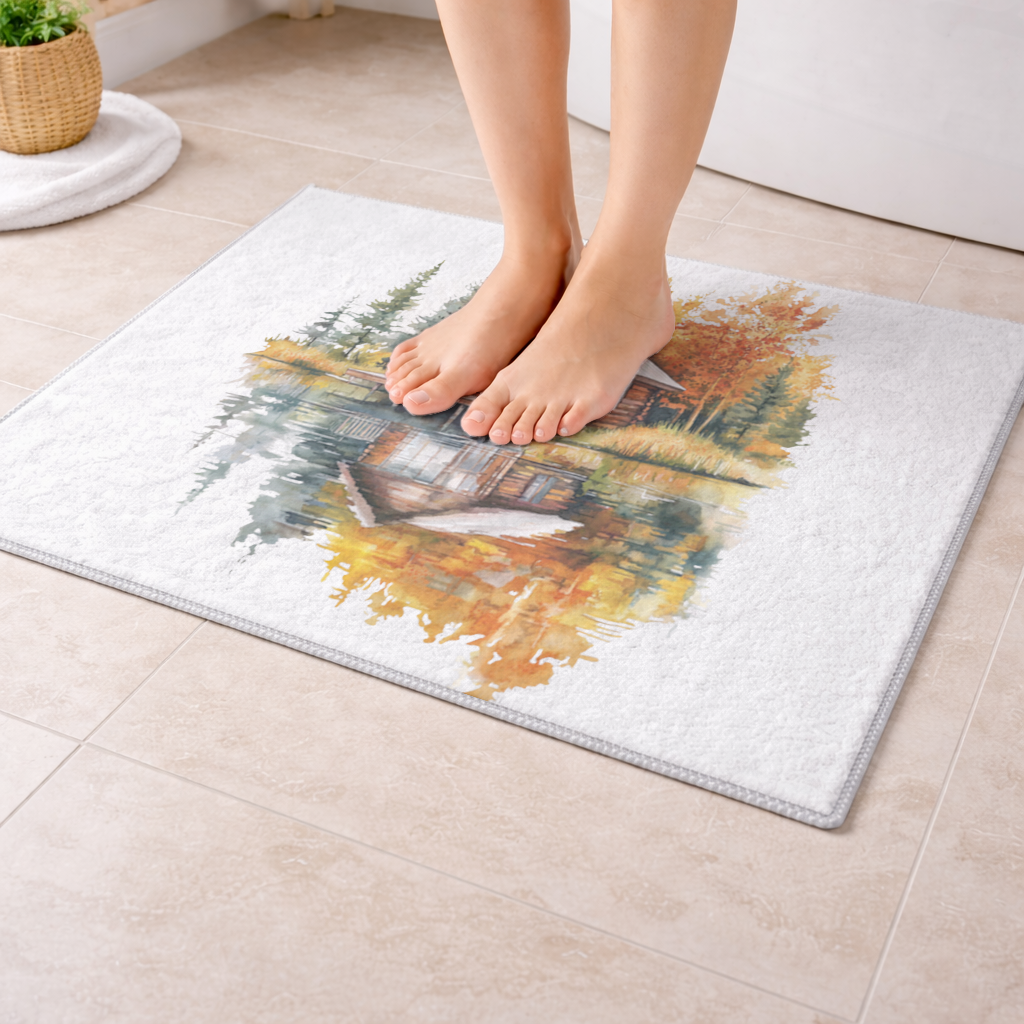 Göl Kenarı Kütük Ev ve Sonbahar Banyo Halısı