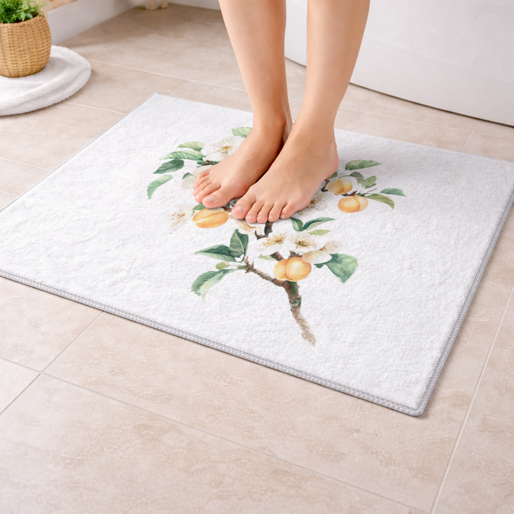 Watercolor Apricot Blossom Branch Bath Mat