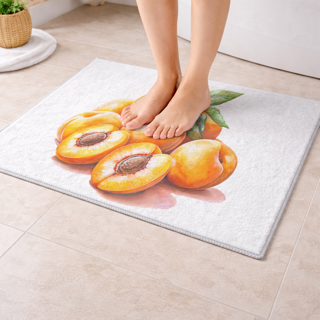 Sulu Boya Kayısı ve Yaprak Banyo Halısı