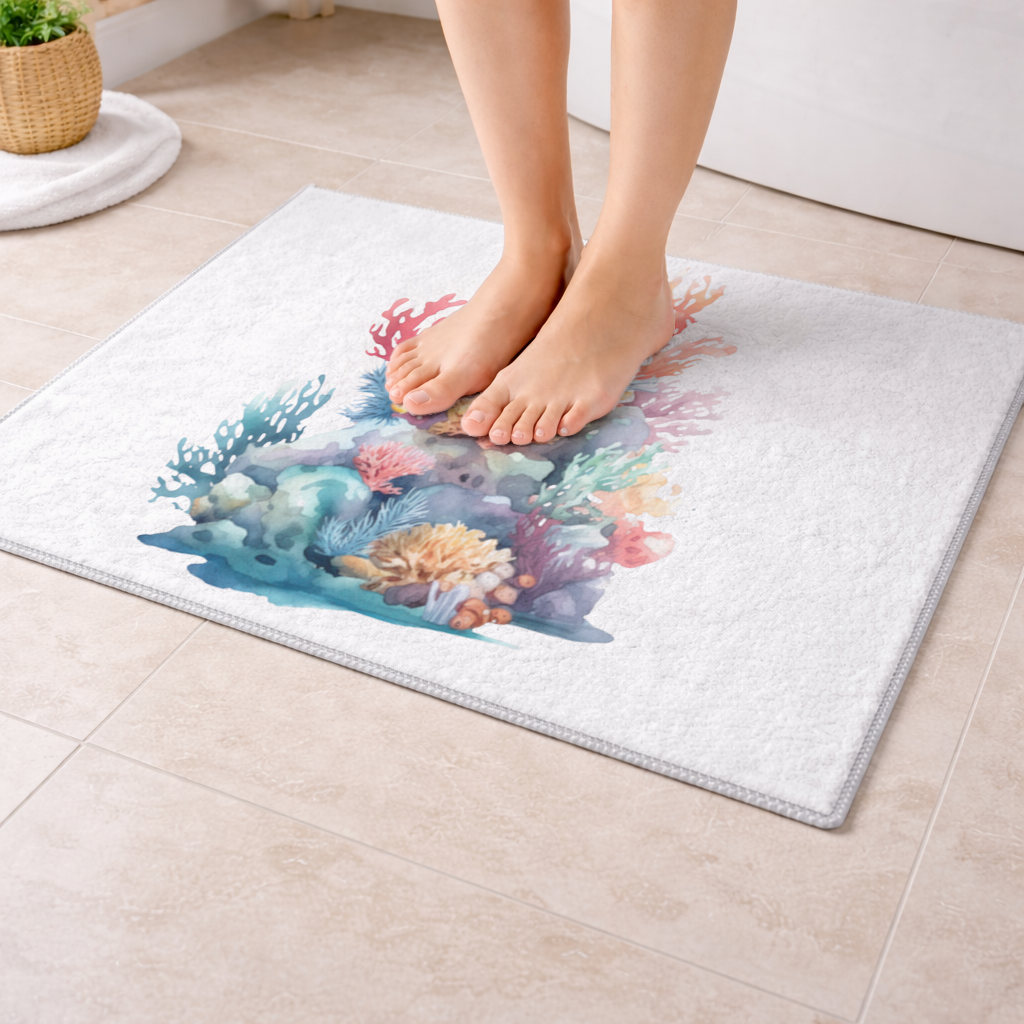 Renkli Suluboya Mercan Kayalığı Banyo Halısı