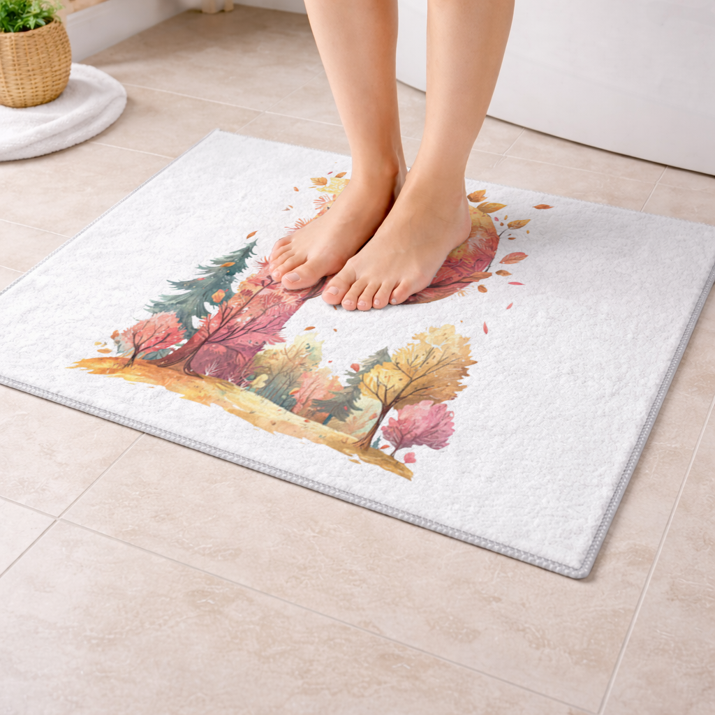 Turuncu Yapraklı Orman Kuşu P Harfi Banyo Halısı
