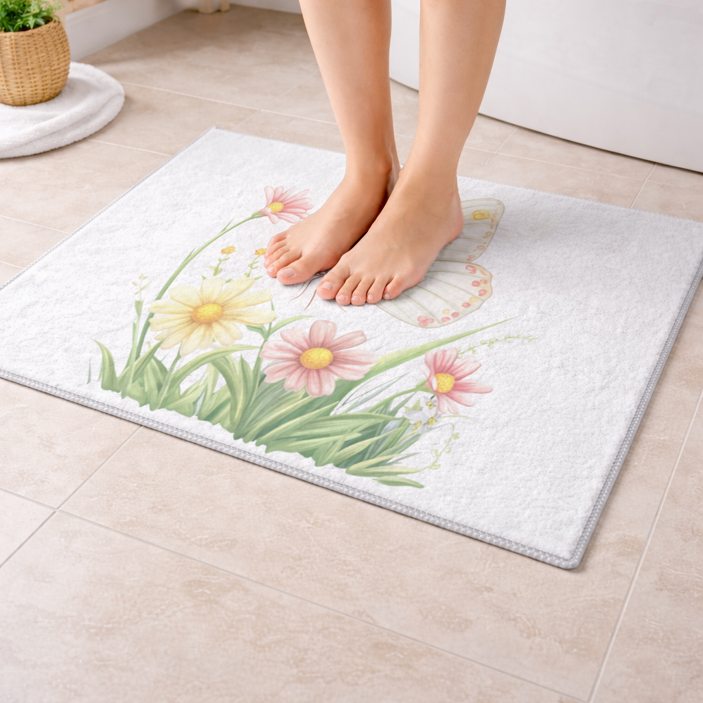 Pastel Kelebek ve Kır Çiçekleri Bahçesi Banyo Halısı