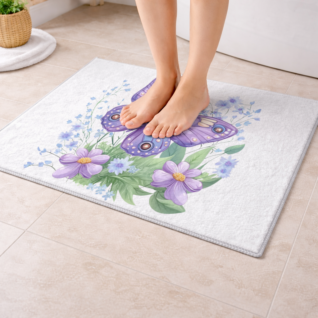 Mor Kelebek ve Mavi Kır Çiçekleri Banyo Halısı