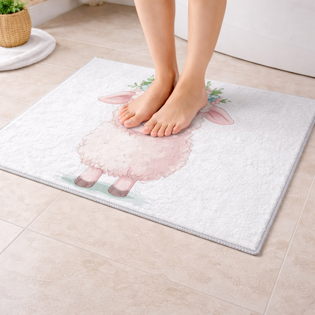 Kawaii Çiçek Taçlı Pembe Kuzu Banyo Halısı
