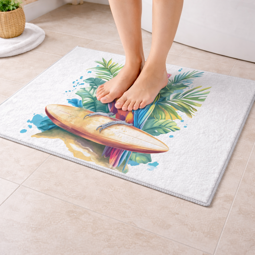 Sörf Yapan Güneş Gözlüklü Papağan Banyo Halısı