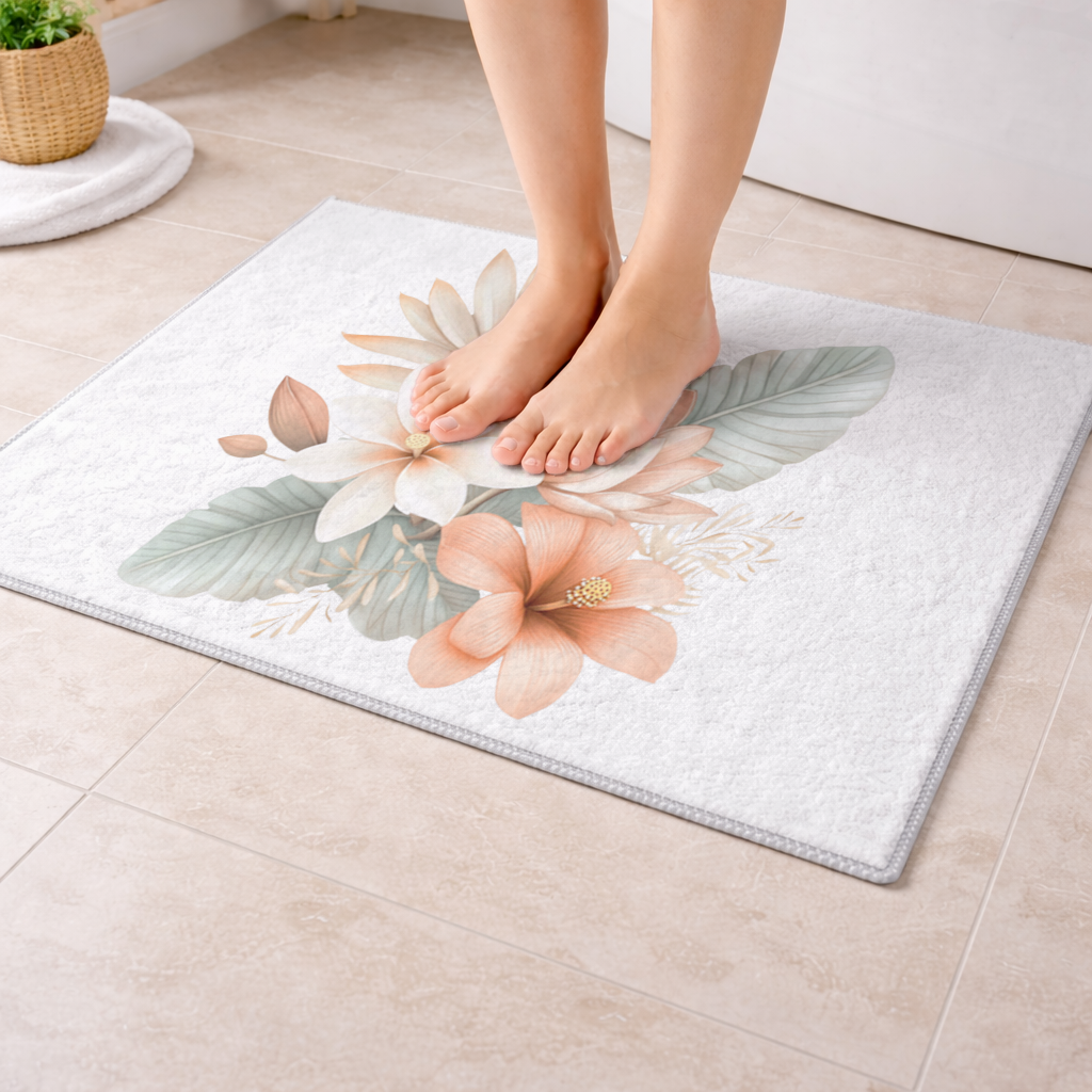Şeftali Tonlu Tropikal Çiçek Buketi Banyo Halısı