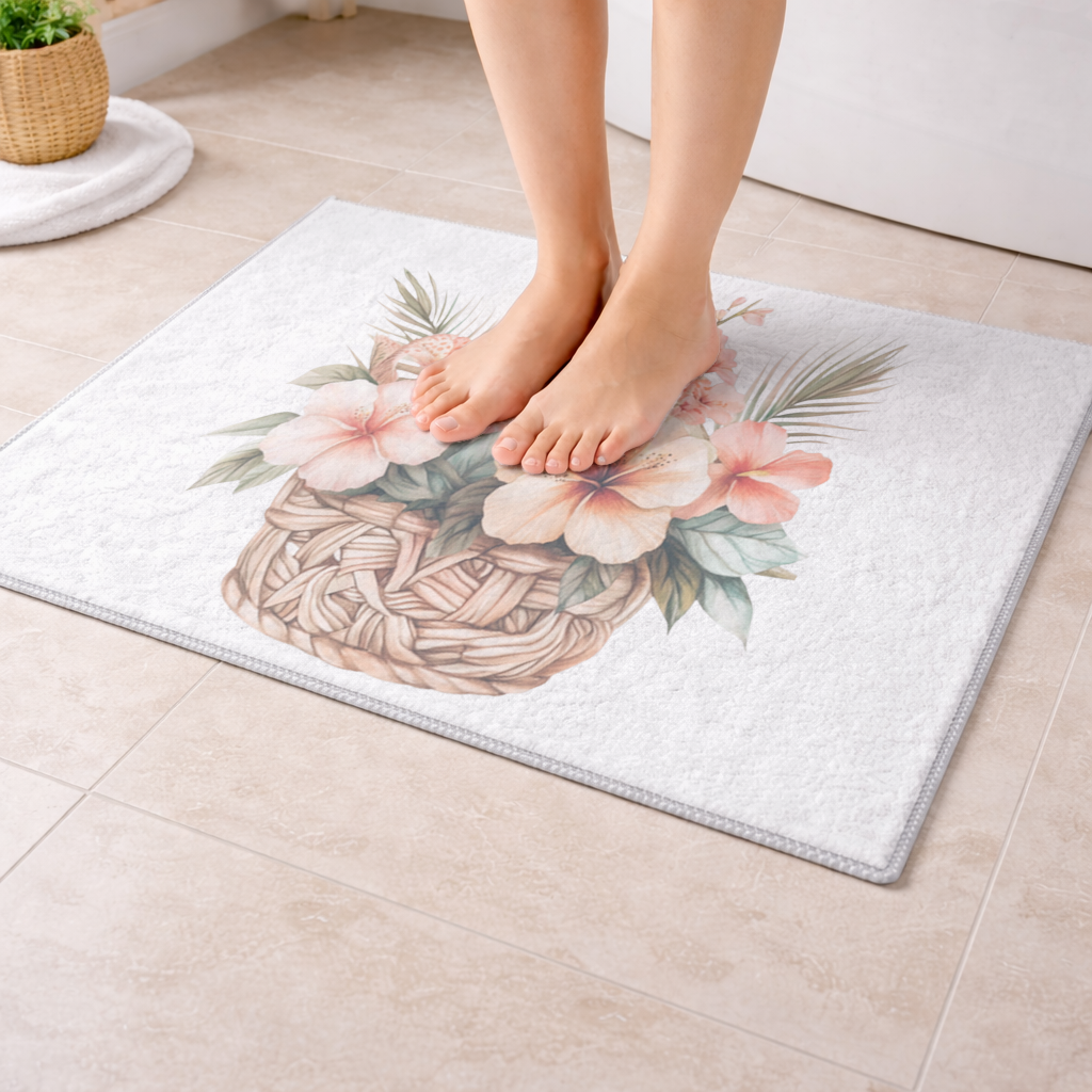 Tropikal Hibiskus Çiçekli Hasır Sepet Banyo Halısı