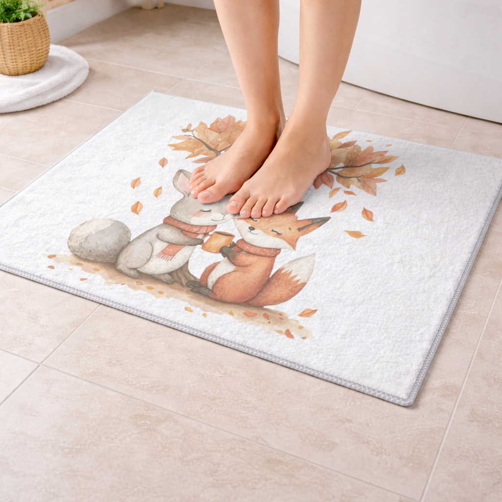 Cozy Autumn Fox and Rabbit Bath Mat