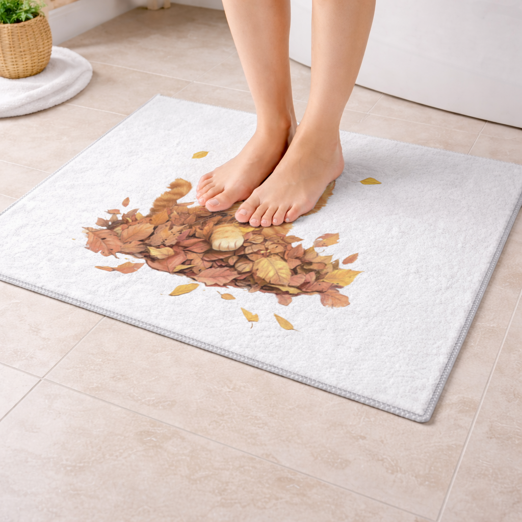 Sonbahar Yapraklarında Turuncu Yavru Kedi Banyo Halısı