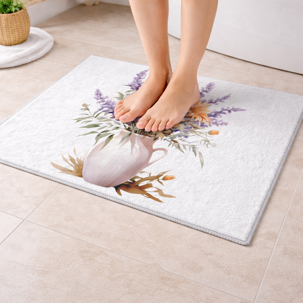 Turuncu Kır Çiçekleri ve Lavanta Banyo Halısı