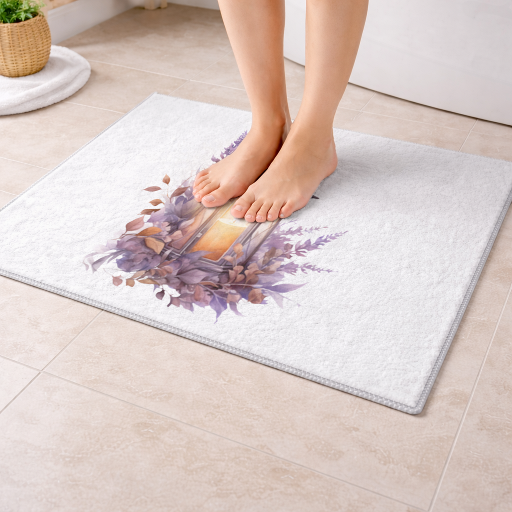 Lavanta ve Güz Yapraklı Antika Fener Banyo Halısı