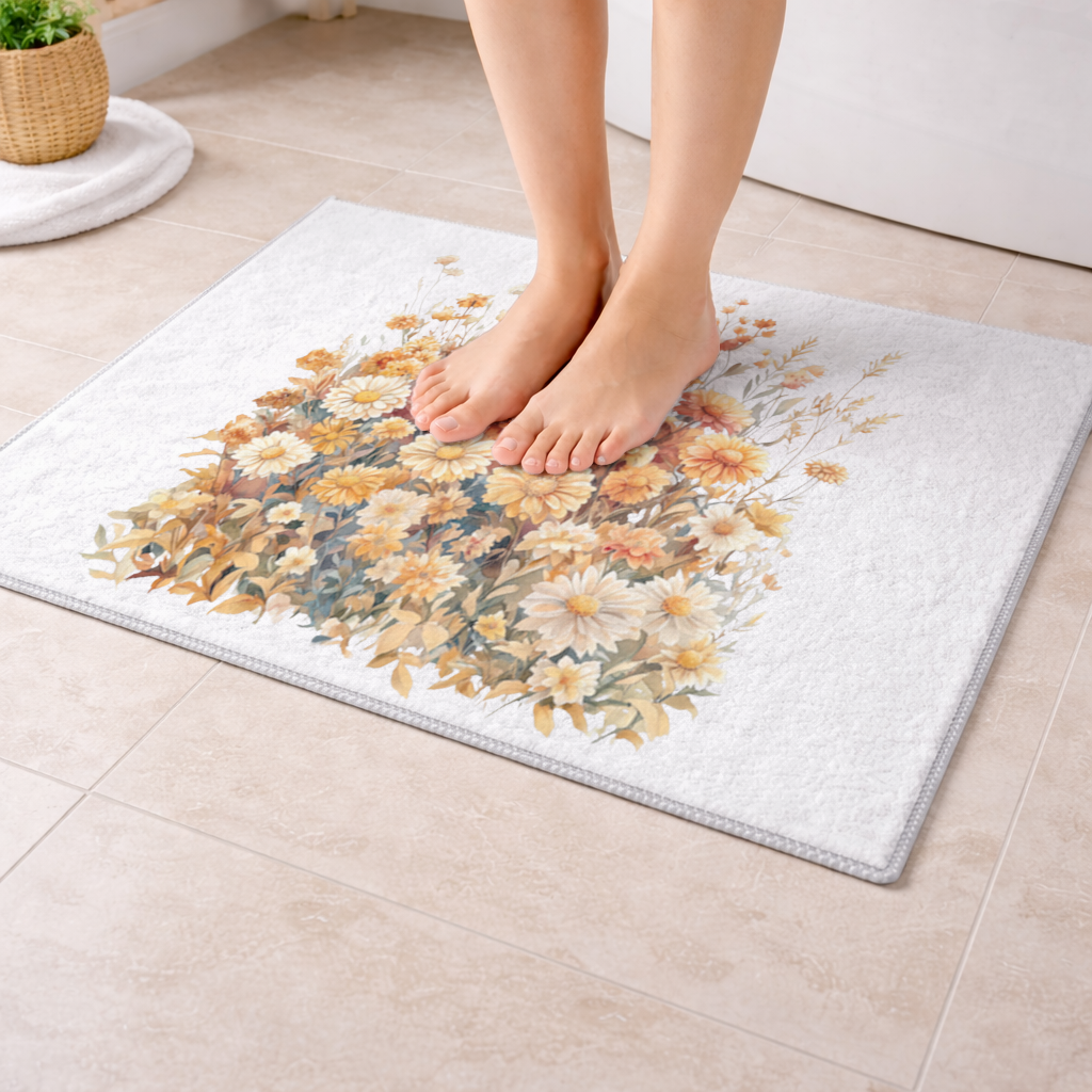 Watercolor Orange Wildflowers Bath Mat