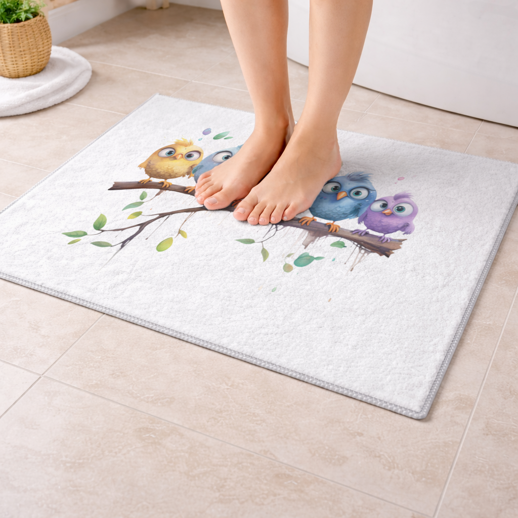 Five Colorful Kawaii Birds on Branch Bath Mat