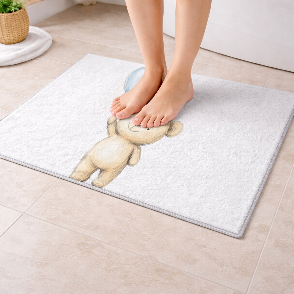 Mavi Kalp Balonlu Sevimli Ayıcık Banyo Halısı
