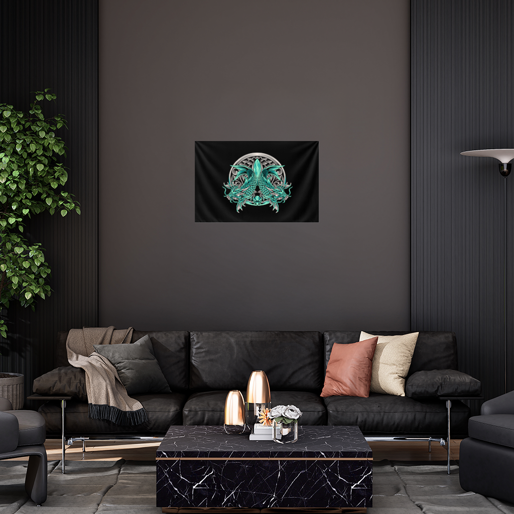 Turquoise Twin Dragon Emblem Design Wall Tapestry