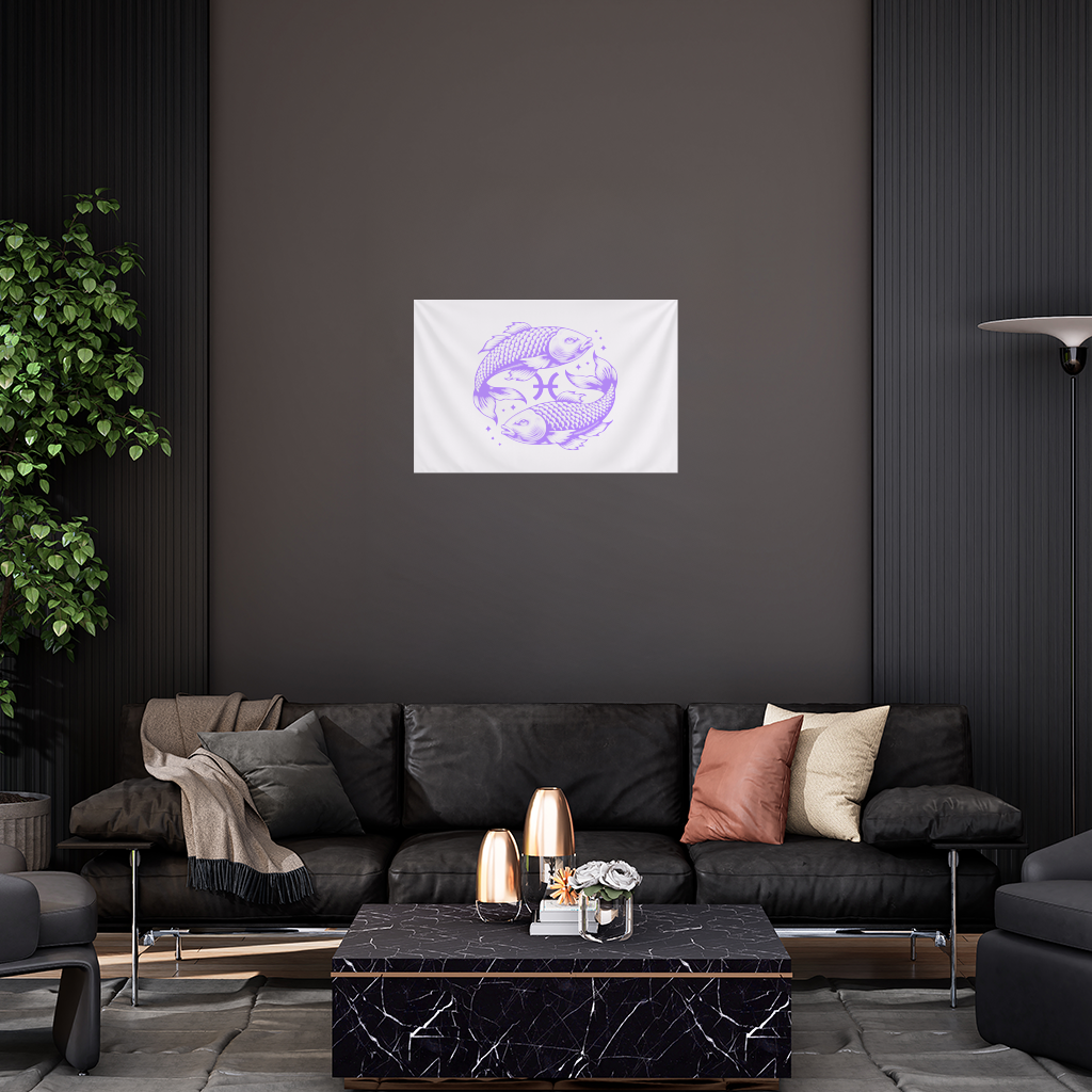 Pisces Zodiac Symbol with Purple Fish Art Wall Tapestry