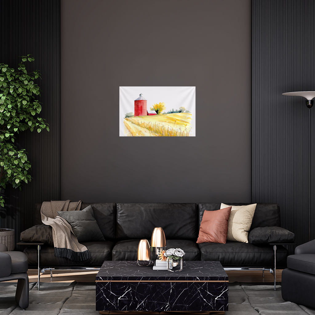 Red Farm Silo and Golden Wheat Field Wall Tapestry