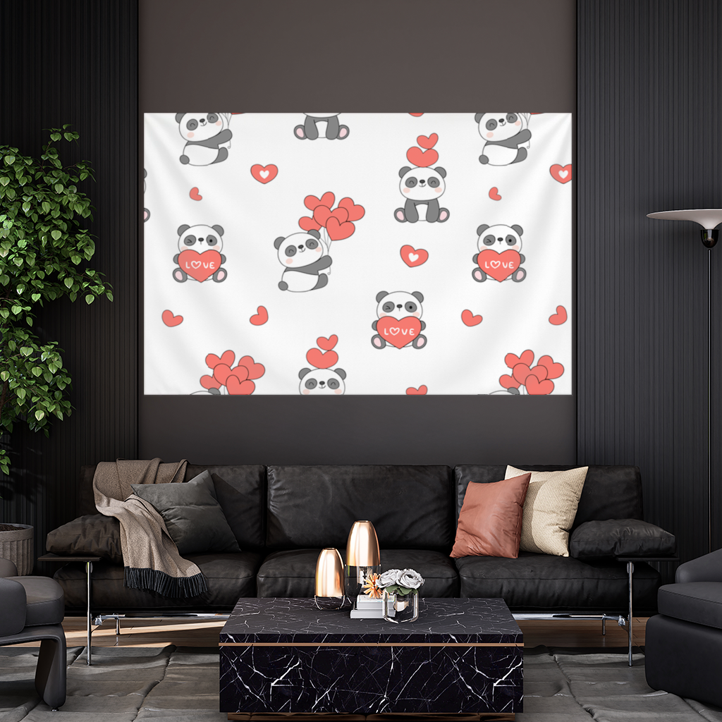 Cute Panda Valentines Day Love Heart Pattern Design Wall Tapestry