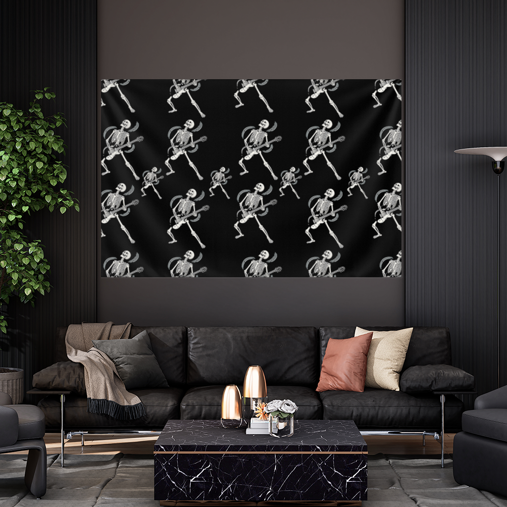 Rock Guitar Playing Skeleton Pattern on Black Wall Tapestry