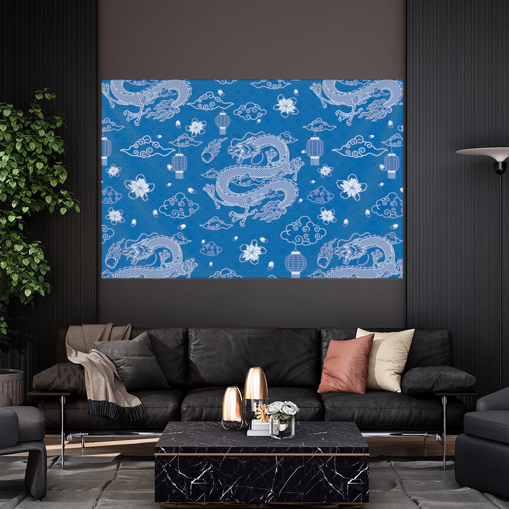 Traditional Dragon Pattern on Blue Background Wall Tapestry