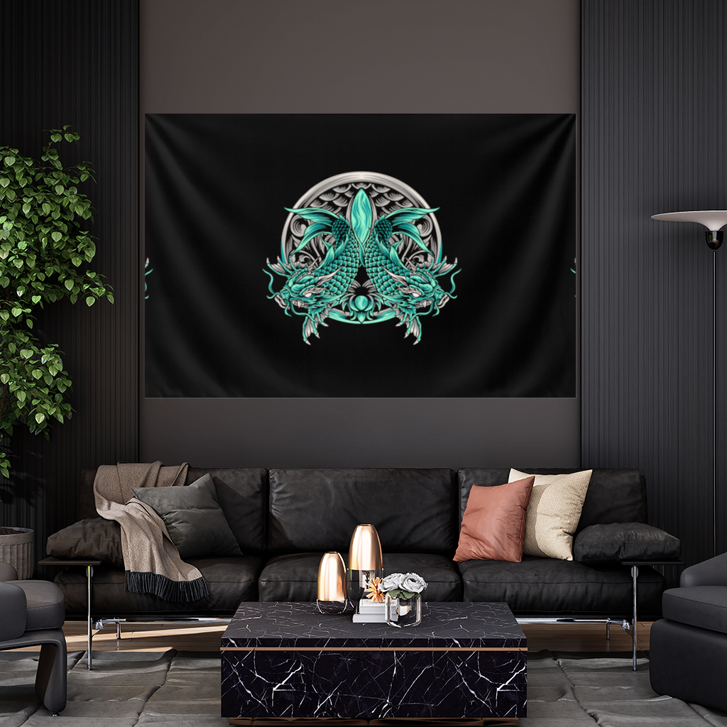 Turkuaz Çift Ejderha Amblem Tasarımı Duvar Örtüsü