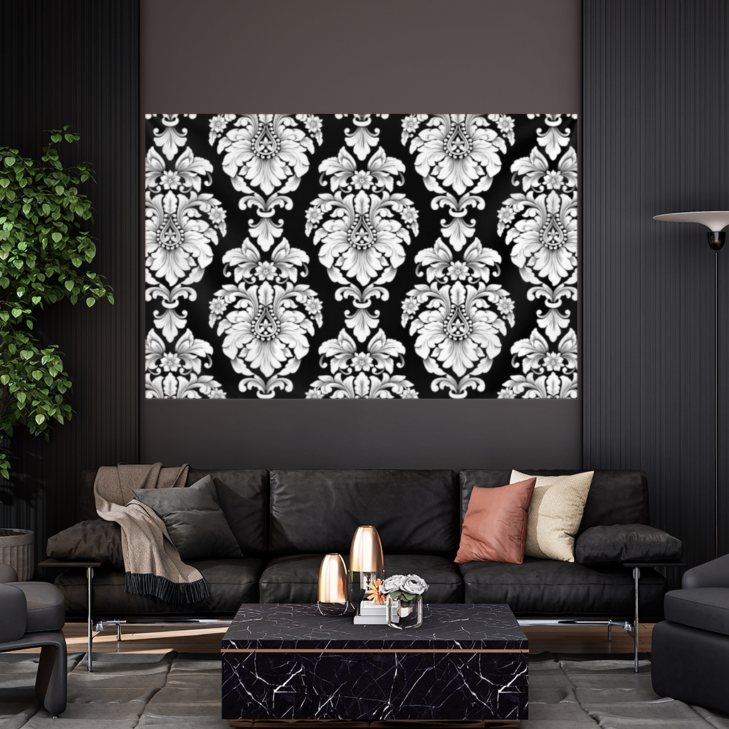 Black and White Baroque Floral Pattern Wall Tapestry