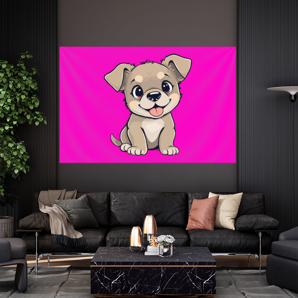 Cute Dog Illustration on Pink Background Wall Tapestry