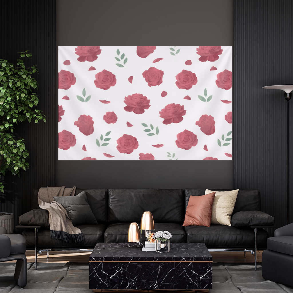 Red Rose and Leaf Romantic Seamless Pattern Wall Tapestry