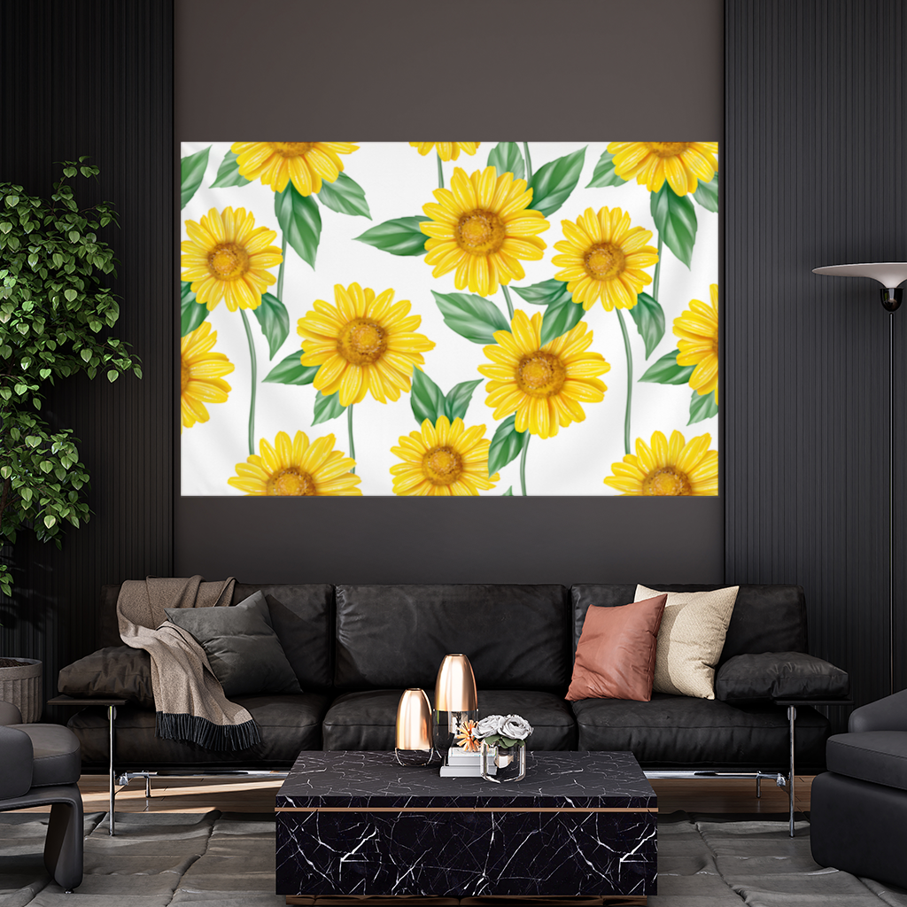 Vibrant Yellow Sunflower and Green Leaf Pattern Illustration Wall Tapestry