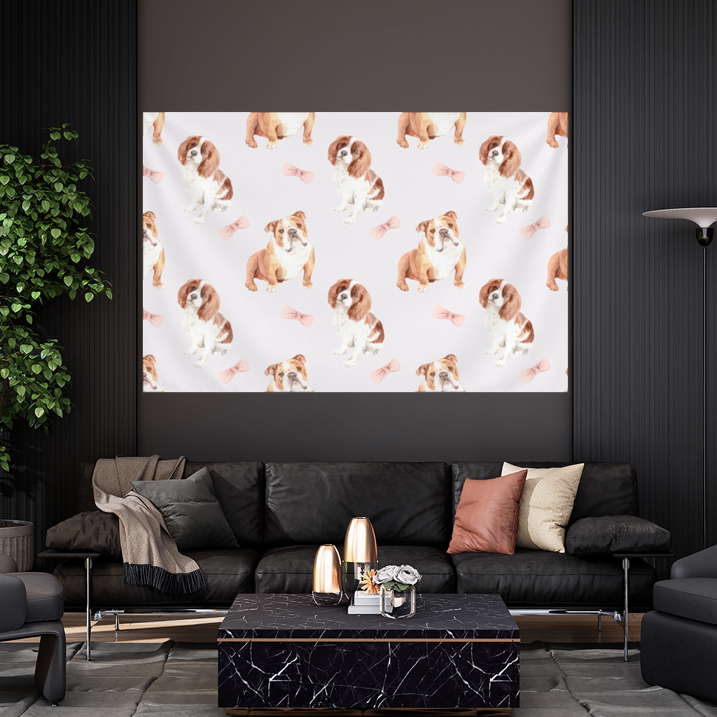 Watercolor English Bulldog and Cavalier Puppy Pattern Wall Tapestry