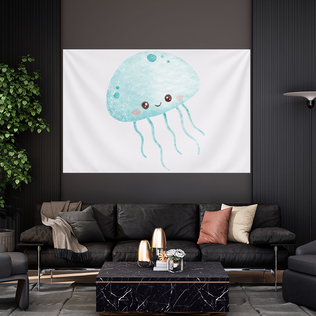 Cute Blue Jellyfish Character Wall Tapestry
