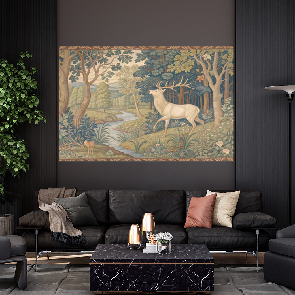 Noble Deer in Forest Landscape Classic Art Illustration Wall Tapestry