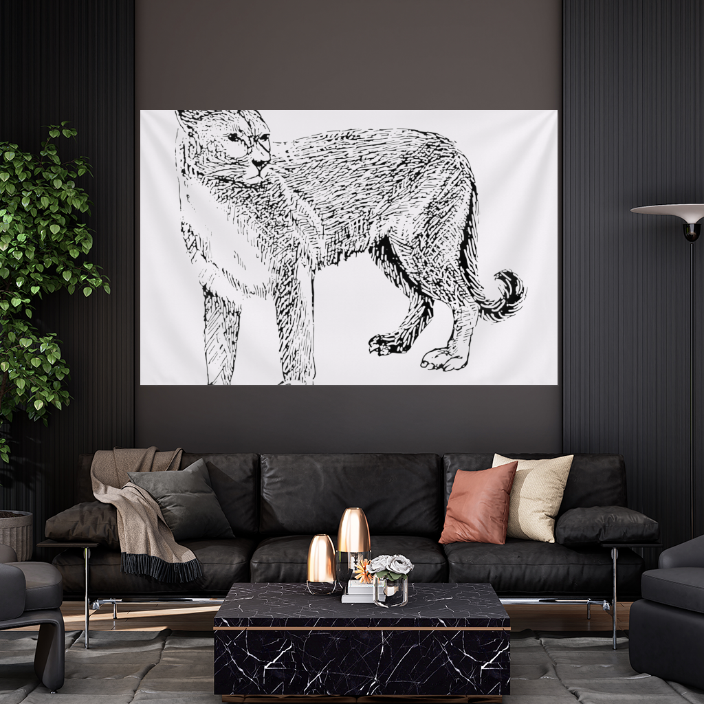 Black and White Wild Cat Sketch Illustration Wall Tapestry