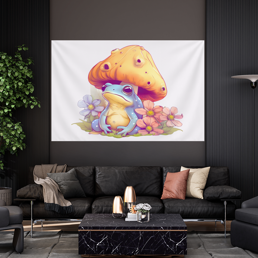 Mavi Kurbağa ve Turuncu Mantar Altında Huzur Duvar Örtüsü