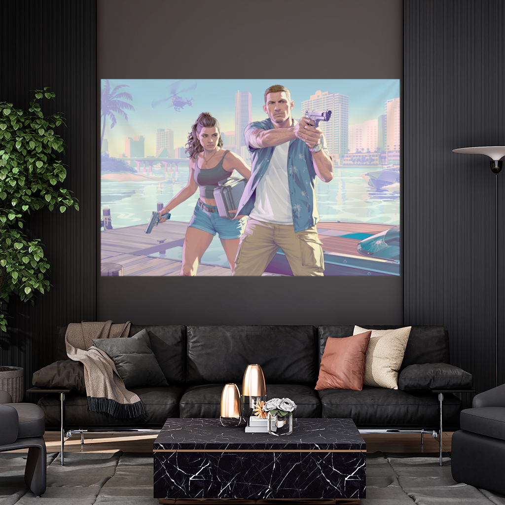 Vice City Showdown  Tropical Heist Duo Wall Tapestry