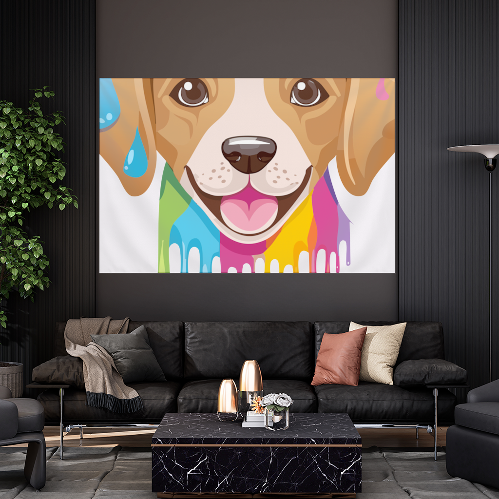 Happy Dog with Colorful Paint Drips Wall Tapestry