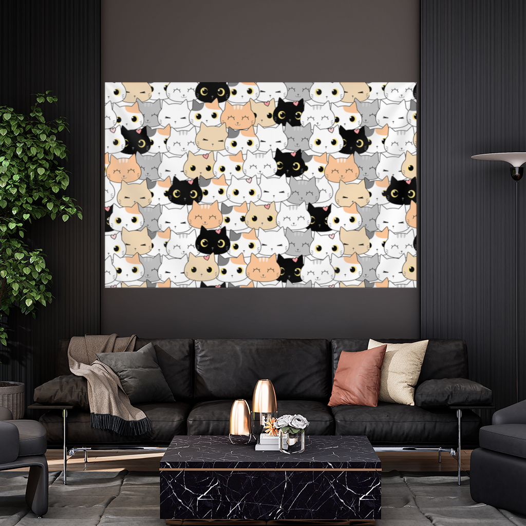 Colorful Cute Cat Faces Seamless Pattern Wall Tapestry