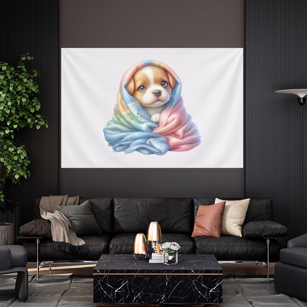 Cute Puppy Wrapped in Colorful Blanket Wall Tapestry