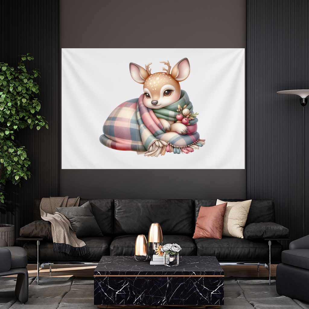 Kawaii Baby Deer with Plaid Scarf Wall Tapestry