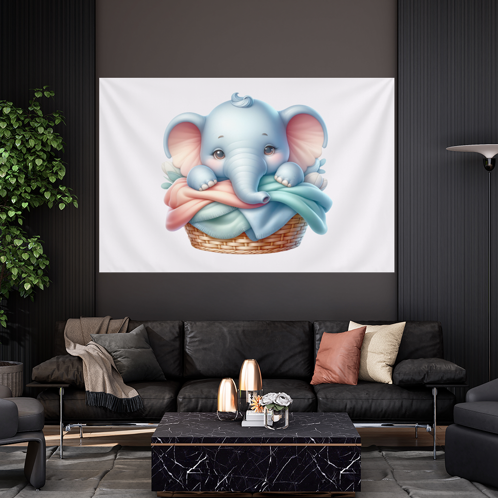 Cute Baby Elephant in Basket Wall Tapestry
