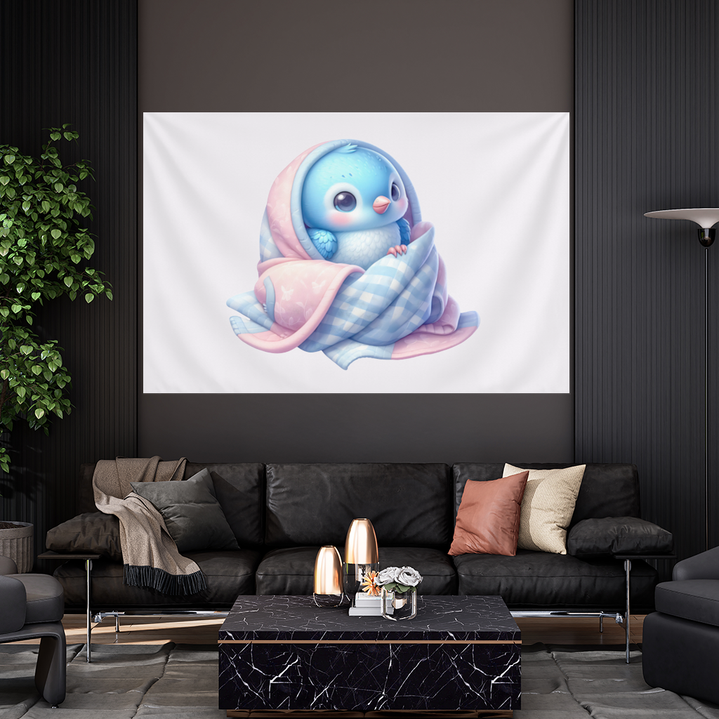 Kawaii Blue Bird in Blanket Wall Tapestry
