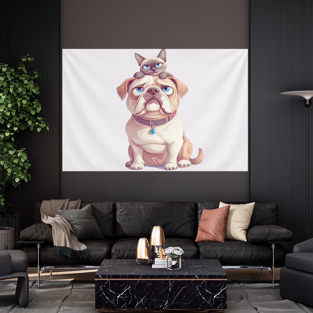 Sad Pug with Siamese Cat on Head Wall Tapestry