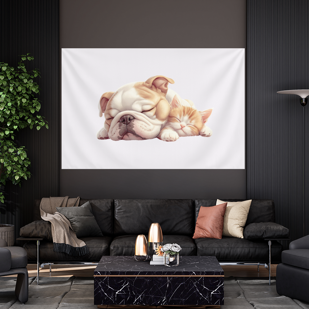 Sleeping Bulldog and Ginger Kitten Wall Tapestry