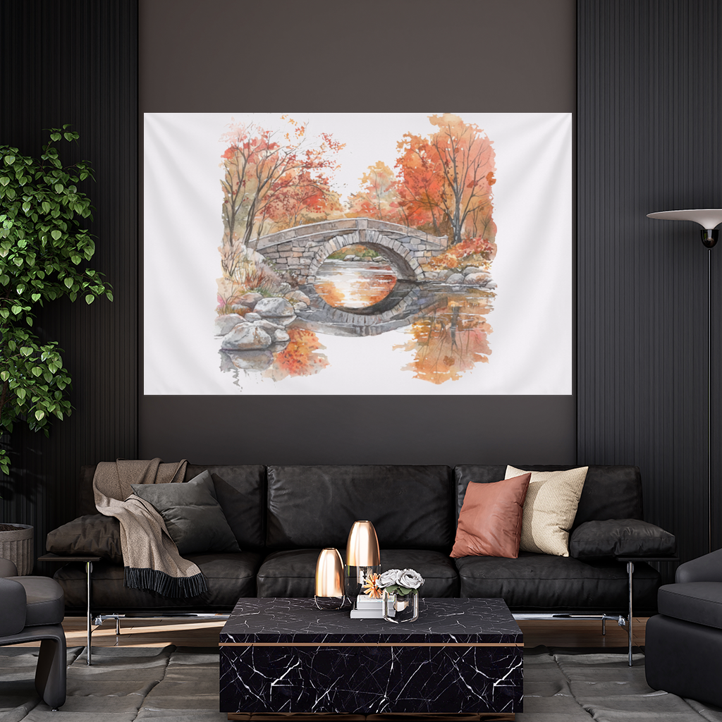 Autumn Stone Arch Bridge Over River Wall Tapestry