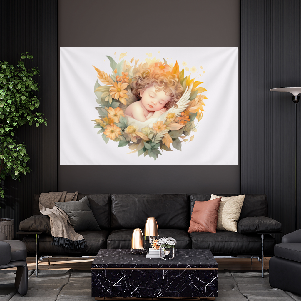 Sleeping Cherub in Cottagecore Flowers Wall Tapestry