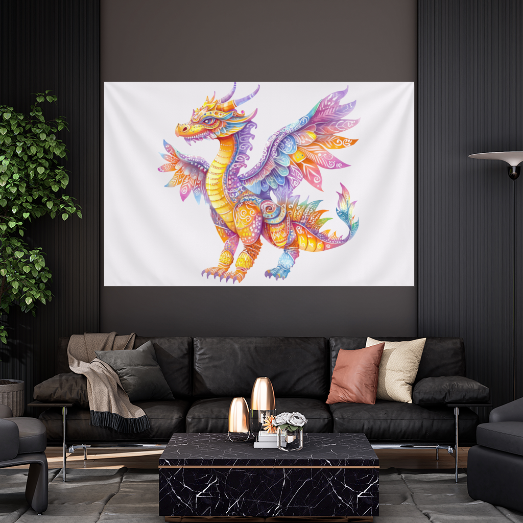 Vibrant Rainbow Mythical Dragon Wall Tapestry