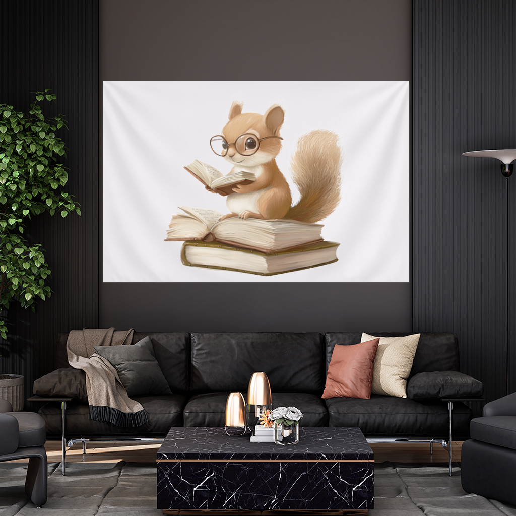 Scholarly Squirrel Reading on Book Stack Wall Tapestry