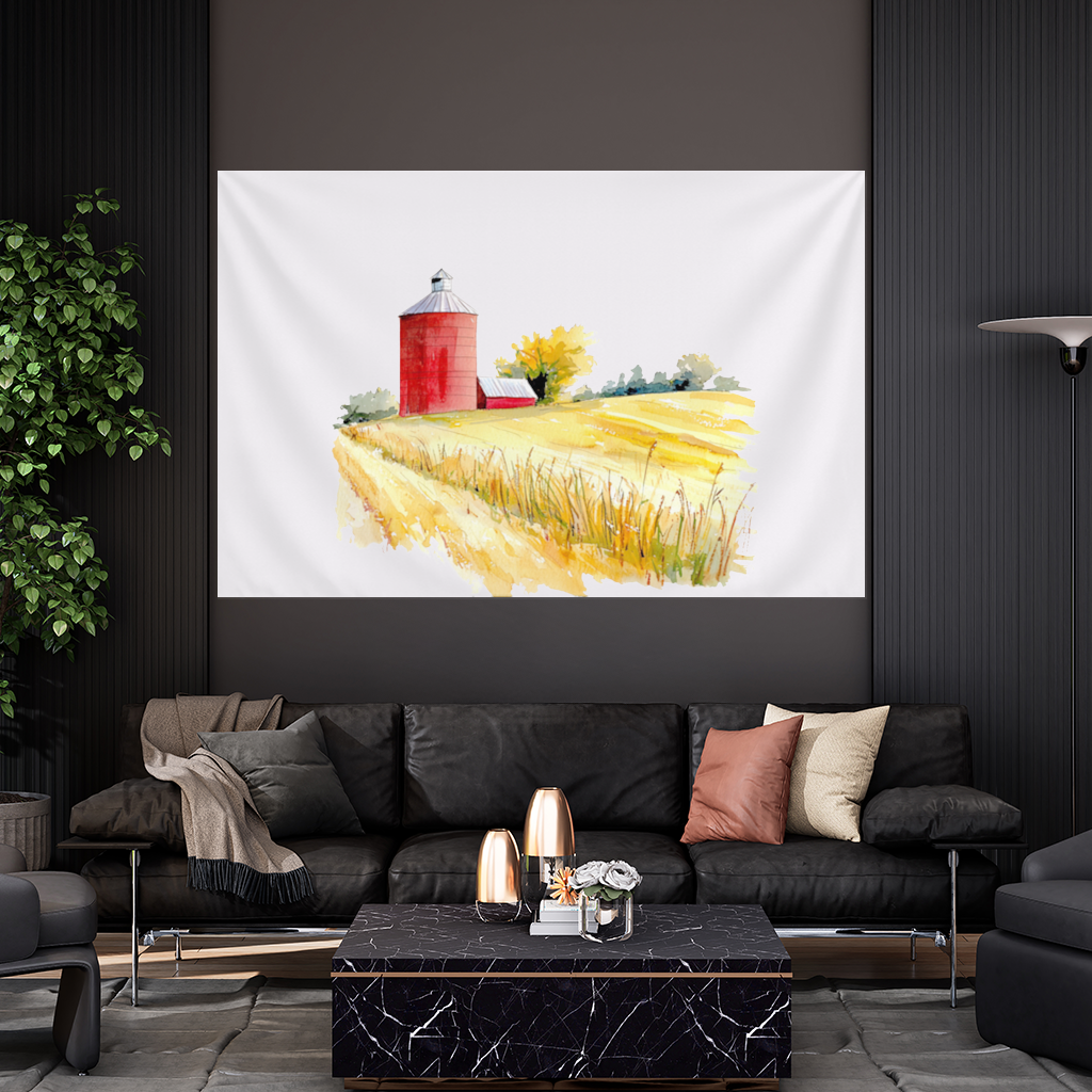 Red Farm Silo and Golden Wheat Field Wall Tapestry